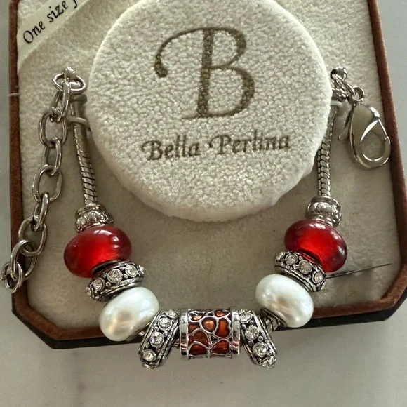Bella Perlina Red and Silver Beaded Bracelet - Picture 2 of 2